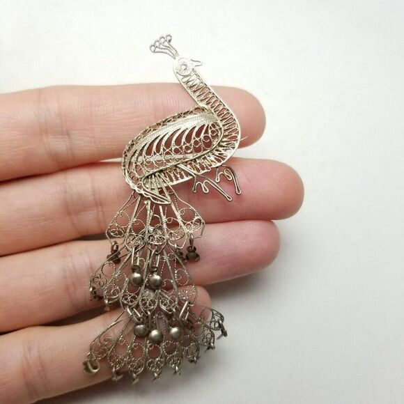Vintage Filigree Peacock Clip On Earring and Brooch Set, Silver Tone, Estate - Picture 2 of 7